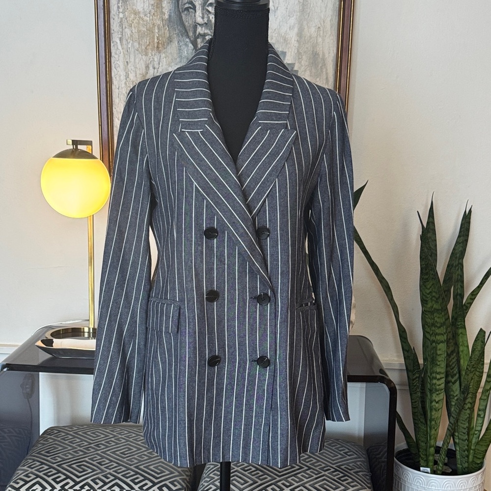 re:named Navy and White Pinstripe Double-Breasted Blazer